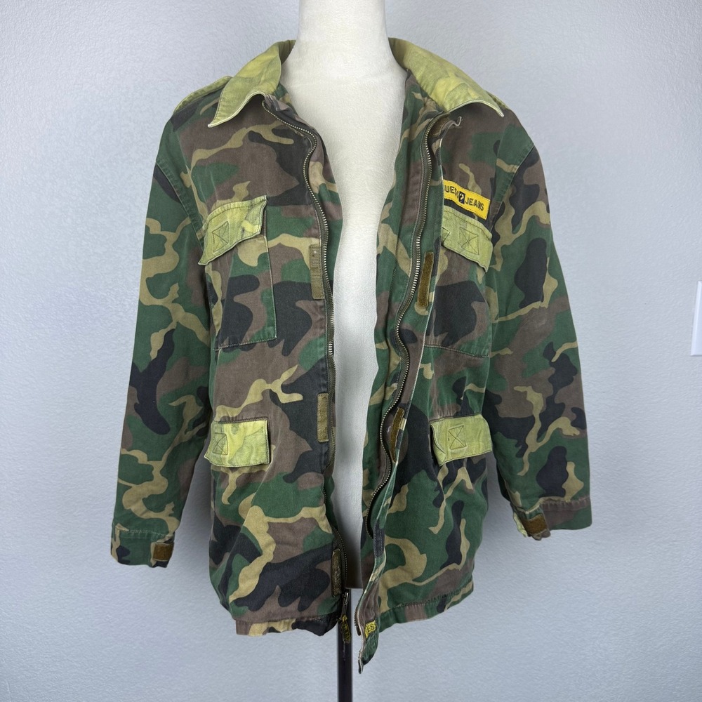 Vtg Guess Jeans Camouflage Military Jacket Women's Patches Green Brown‎ Zipper - Picture 5 of 8